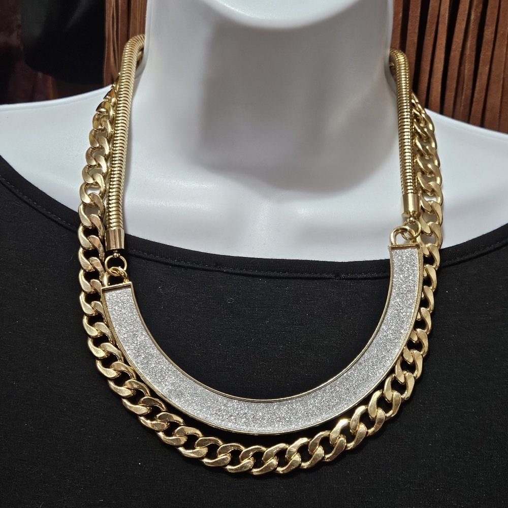 Gold & Crushed Crystal w 2 Chain Necklace